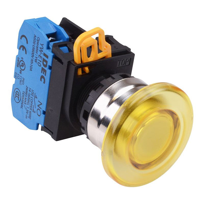 IDEC Yellow 12V illuminated 22mm Metal Bezel Mushroom Maintained Push Button Switch NO IP65 YW4L-A4E10Q3Y