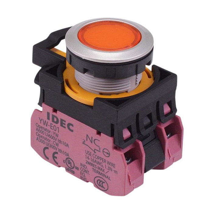 IDEC CW Series Amber 12V illuminated Maintained Flush Push Button Switch 2NC IP65
