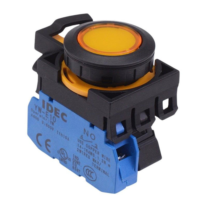 IDEC CW Series Yellow 24V illuminated Maintained Flush Push Button Switch 1NO IP65