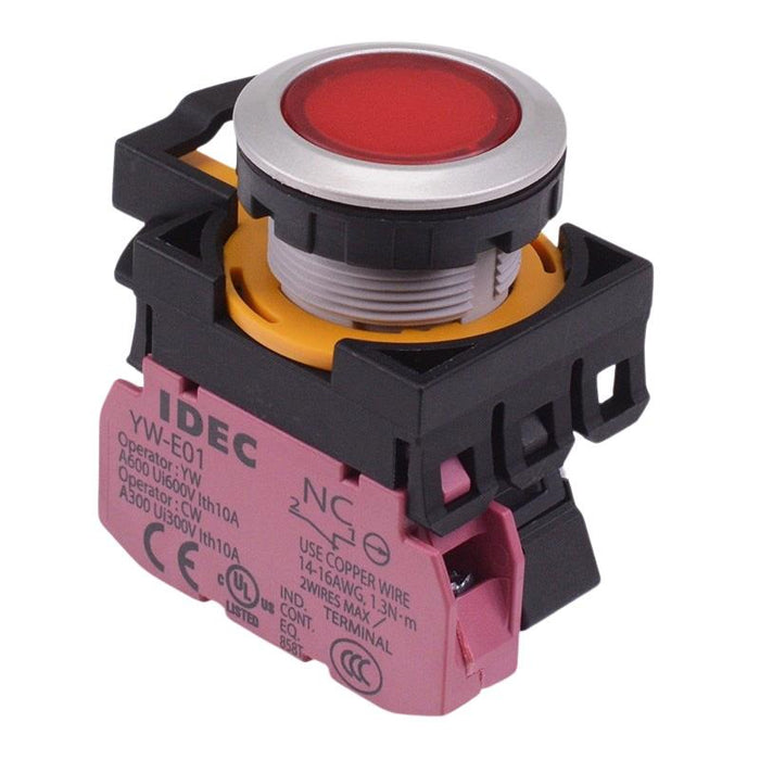 IDEC CW Series Red 24V illuminated Metallic Maintained Flush Push Button Switch 1NC IP65