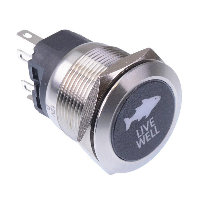 Live Well' Blue LED Latching 22mm Vandal Push Button Switch SPDT 12V