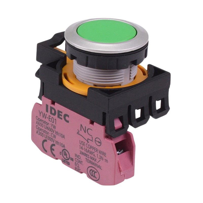 IDEC CW Series Green Metallic Maintained Flush Push Button Switch 1NC IP65