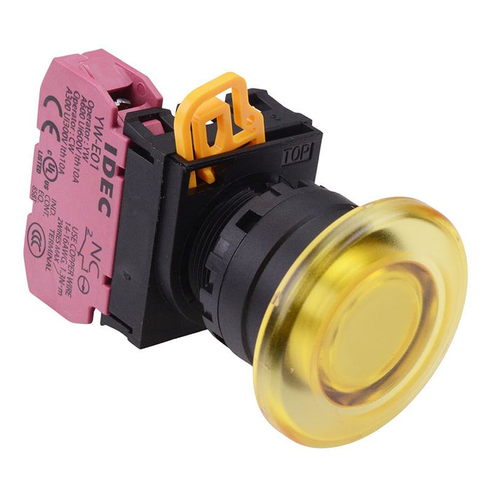 IDEC Yellow 22mm Mushroom Maintained Push Button Switch NC IP65 YW1L-A4E01Q0Y
