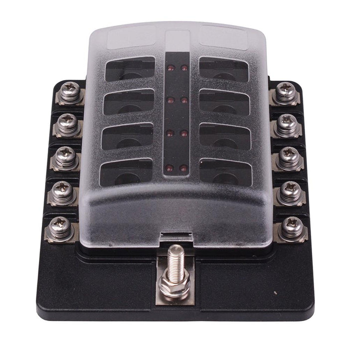 10 Way Standard Blade Fuse Box with LED Indication M4 Screws 100A 32VDC