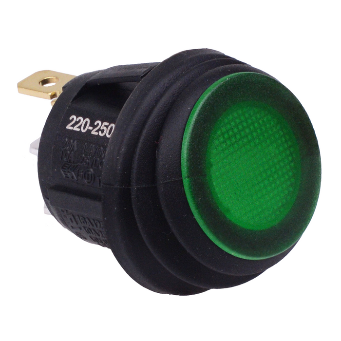 Green Waterproof 230V illuminated 20mm Round Rocker Switch SPST 10A R13-112B8W-02