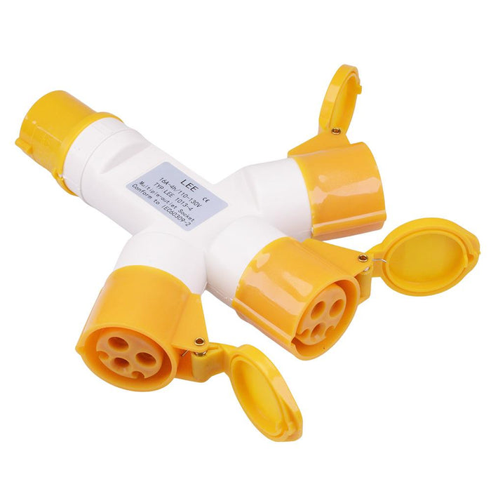 Yellow 3 Way Splitter 16A 110V 2P+E IP44