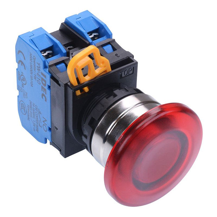 YW4L-A4E20Q3R Red 12V illuminated 22mm Metal Bezel Mushroom Maintained Push Button Switch 2NO IP65 IDEC