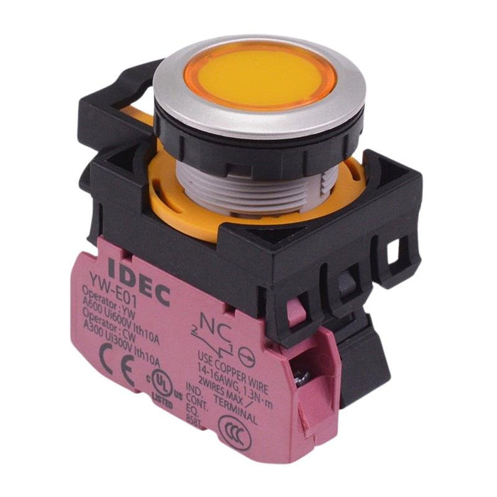 IDEC CW Series Yellow 24V illuminated Metallic Maintained Flush Push Button Switch 1NC IP65