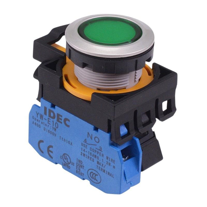 IDEC CW Series Green 12V illuminated Maintained Flush Push Button Switch 1NO IP65