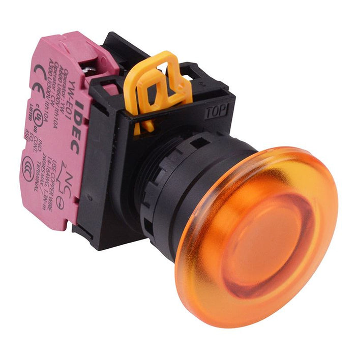 IDEC Amber 12V illuminated 22mm Mushroom Maintained Push Button Switch NC IP65 YW1L-A4E01Q3A