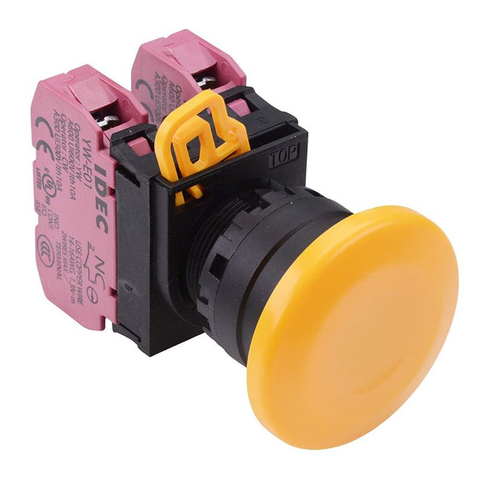 IDEC Yellow 22mm Mushroom Maintained Push Button Switch 2NC IP65 YW1B-A4E02Y