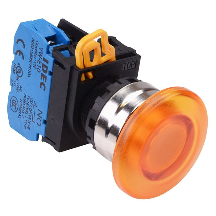 IDEC Amber 12V illuminated 22mm Metal Bezel Mushroom Maintained Push Button Switch NO IP65 YW4L-A4E10Q3A