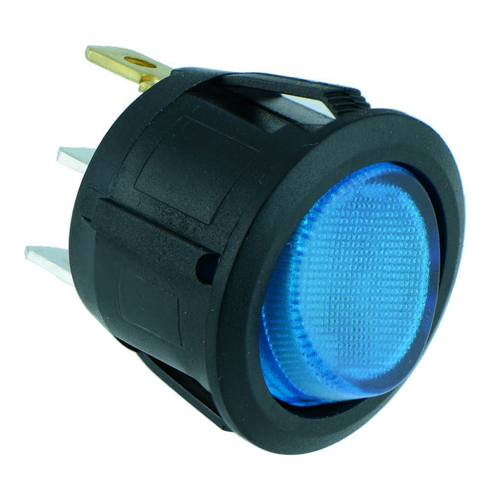 Blue illuminated Round Rocker Switch SPST 12V 20A R13-112B-02