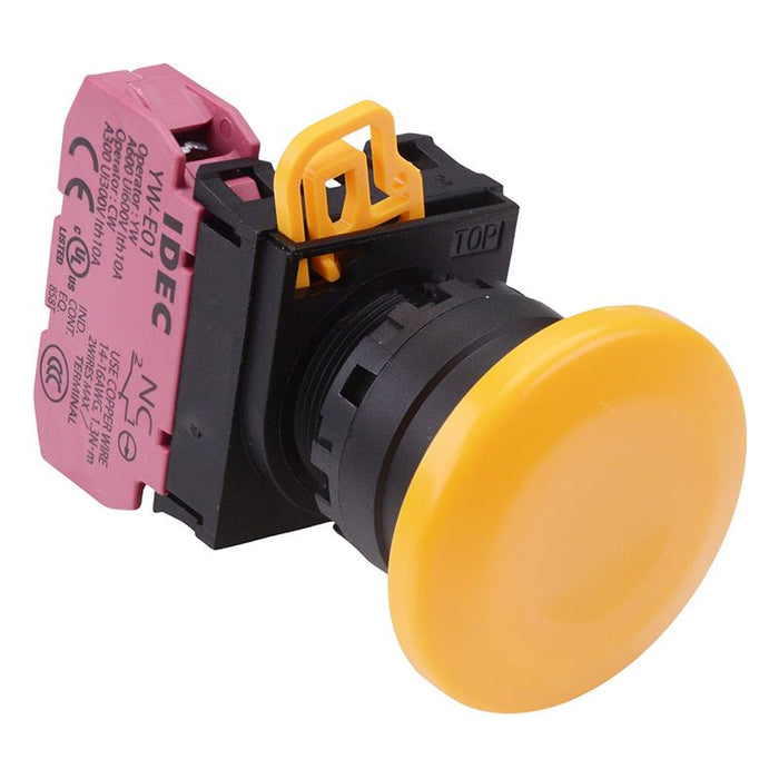 IDEC Yellow 22mm Mushroom Maintained Push Button Switch NC IP65 YW1B-A4E01Y