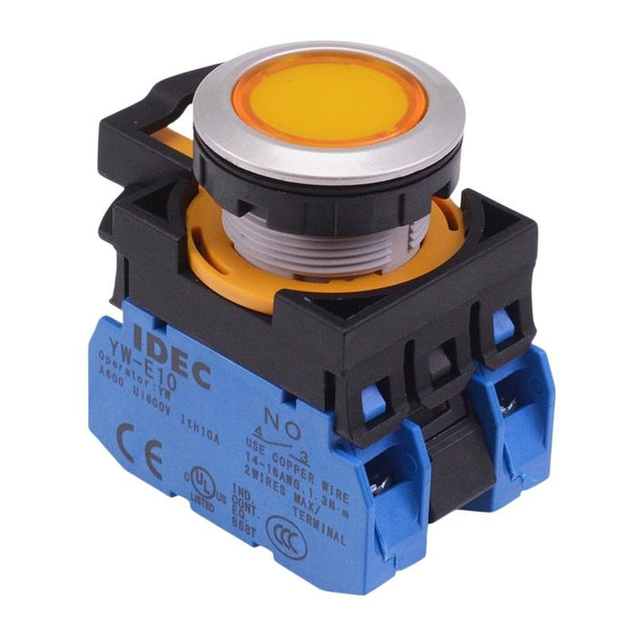 IDEC CW Series Yellow 24V illuminated Metallic Momentary Flush Push Button Switch 2NO IP65