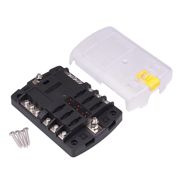6 Way Standard Blade Fuse Box with LED Indication + Negative Busbar 100A